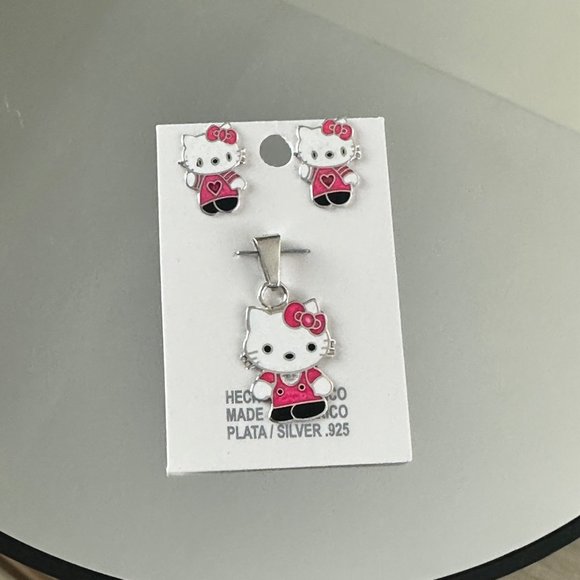Hello Kitty Silver 925 Earrings & Pendant Set Trendy Girls Jewelry Made In Mexic - Picture 4 of 10